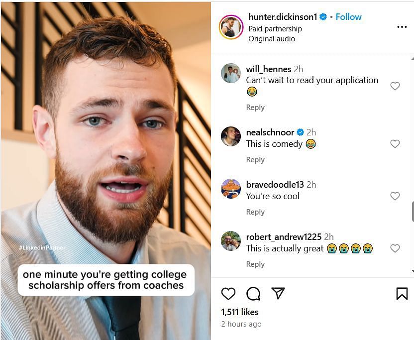 Fans react to Hunter Dickinson's commercial for LinkedIn on IG. Image via @hunter.dickinson1